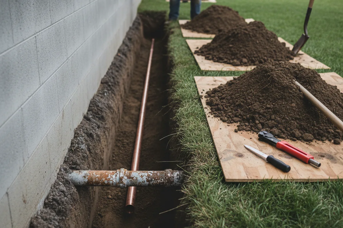 Excavated water line trench during Water Heater Repair in Scarborough